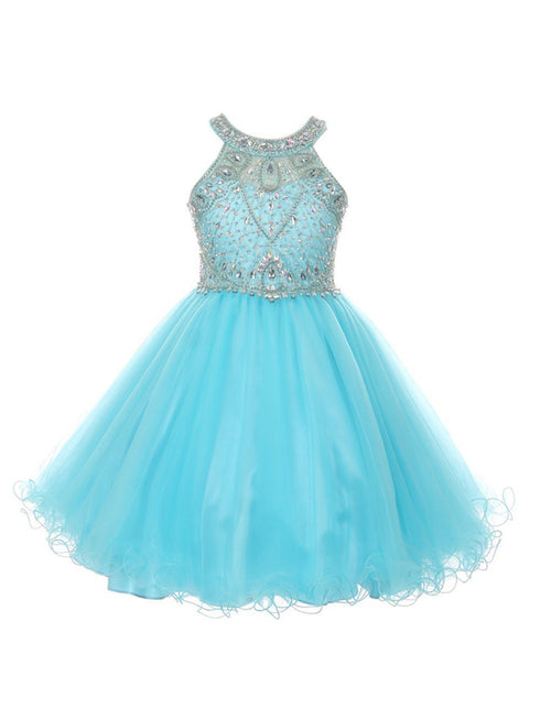 Girls Aqua Rhinestone Halter Neck Tulle Flower Girl Junior Bridesmaid Dress 4-20 SophiasStyle.com